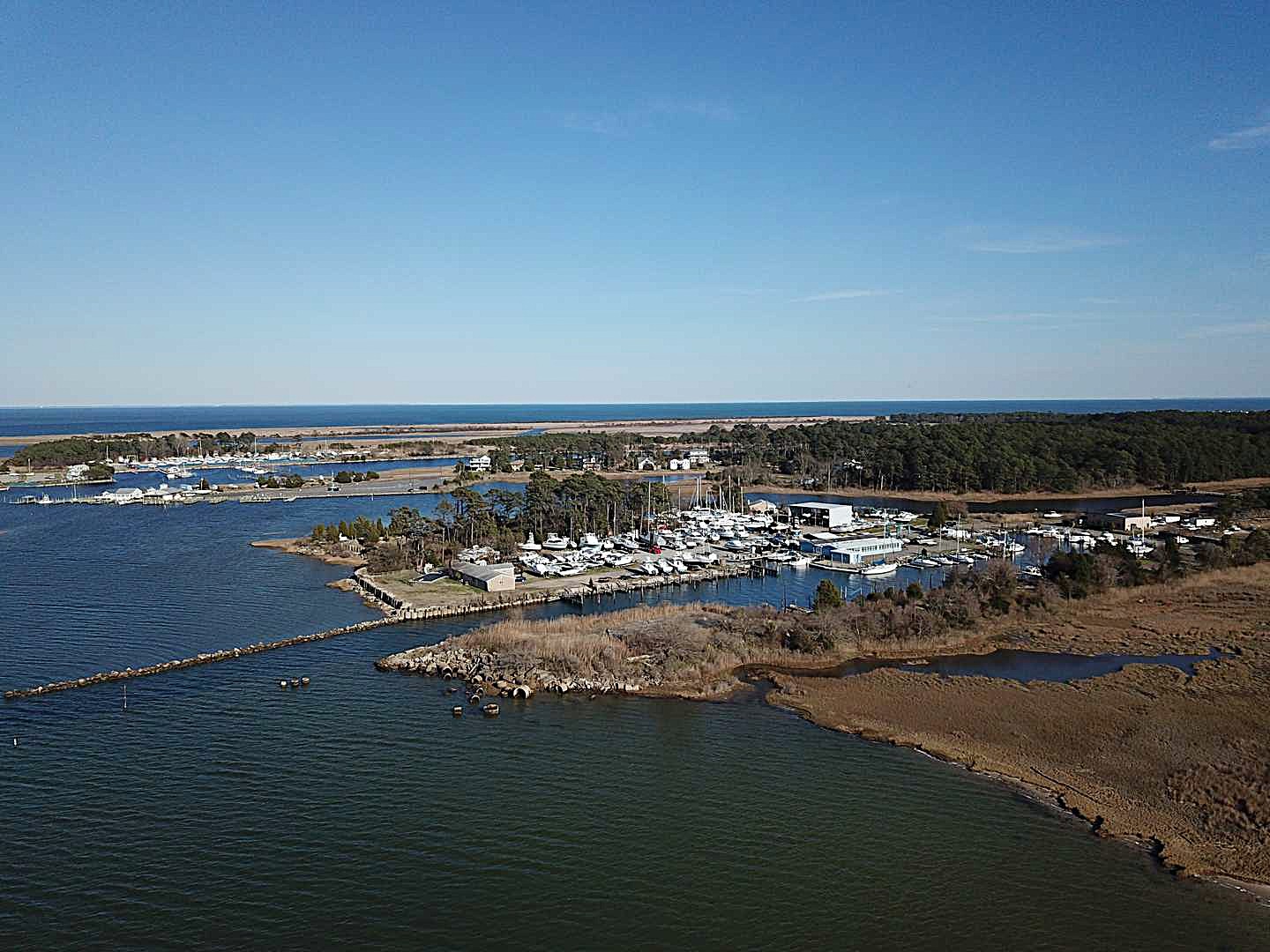 Aerial view of Back River Marinas in Hampton, VA